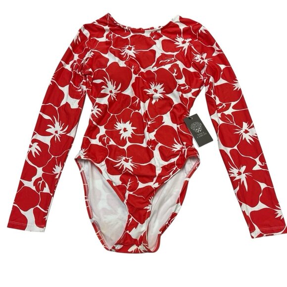 Vince Camuto Swimsuit Womens 10 Tangerine Rash Guard One Piece Floral Tropical - Picture 1 of 6